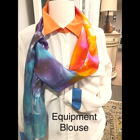 100% Silk Chiffon 8” x 70” Hand Created Orange, Pink, Yellow, Blue, Purple Scarf - Picture 2 of 9